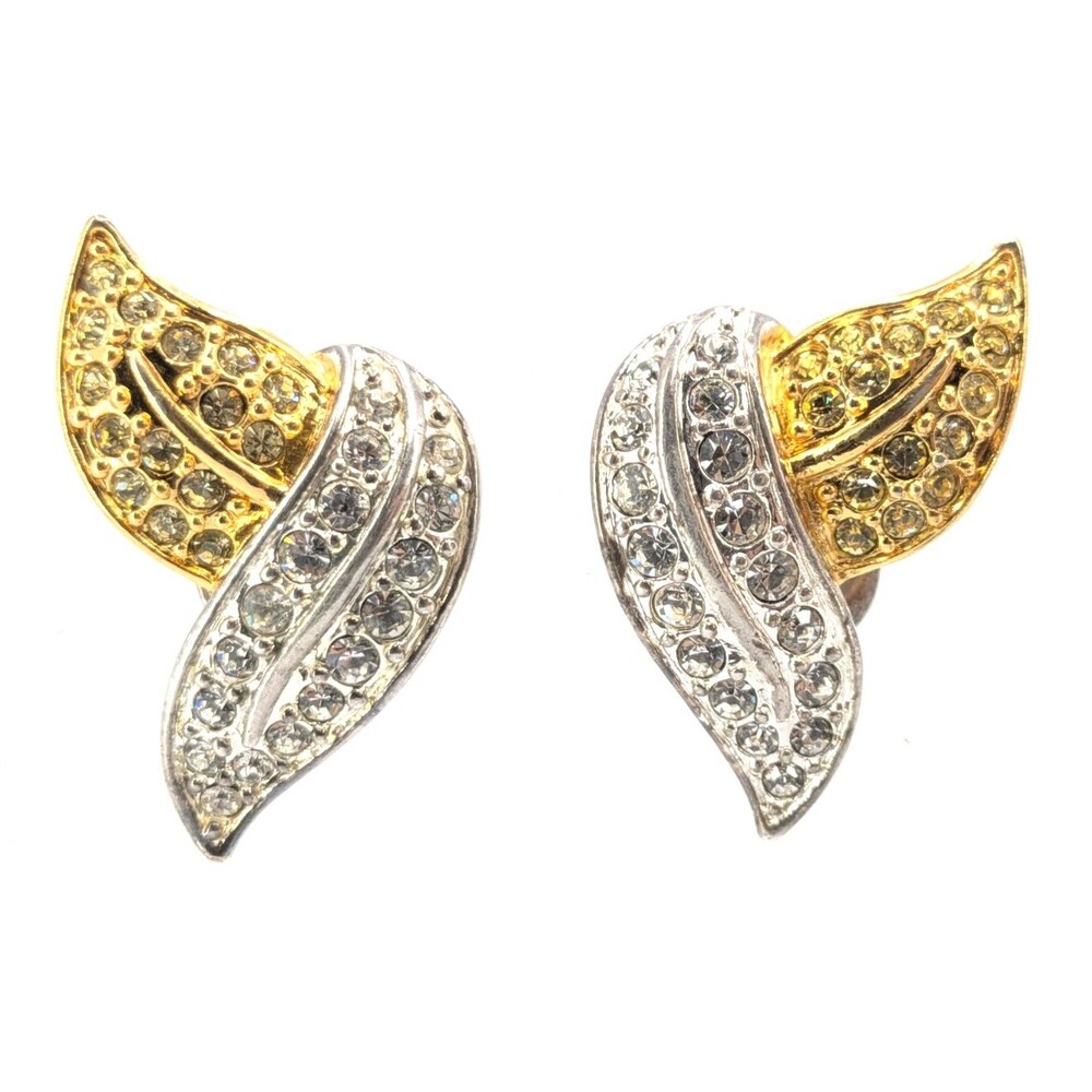 Napier Vintage Rhinestone Leaf Clip Earrings Gold Silver Tone Signed 1.5in 20g